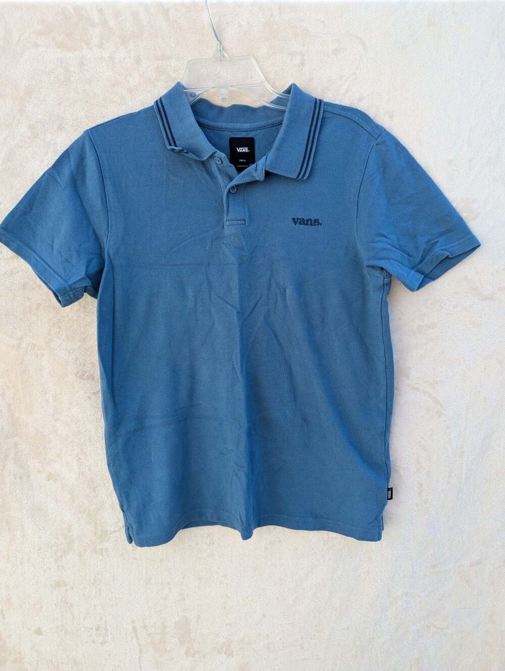 Vans Blue Short Sleeve Pique Polo Shirt with Striped Collar Size Small